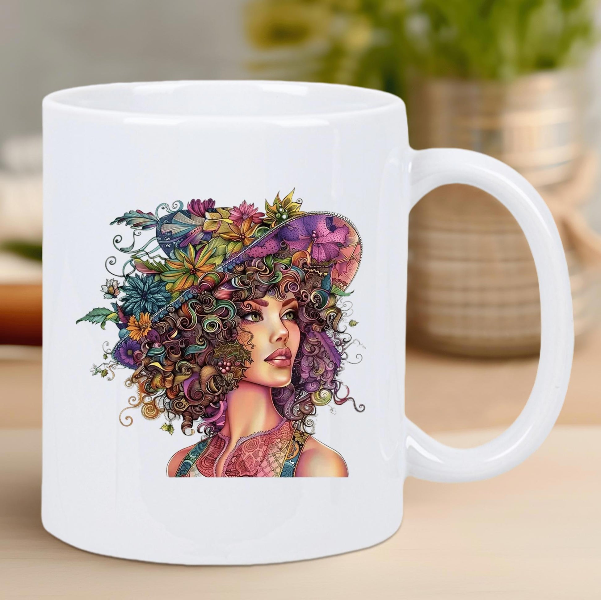 Tailorly White Ceramic 11 oz Mug - Vibrant Colorful Flowers And Butterflies Within Flowing Hair Of A Beautiful Woman