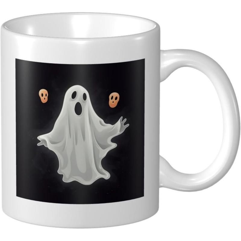 Tailorly White Ceramic 11 oz Mug - Floating White Sheet Phantom With Small Spooky Orange Skulls On Dark Background Ghost