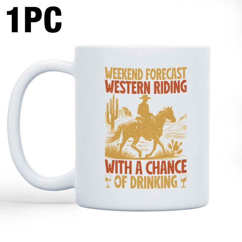 Tailorly White Ceramic 11 oz Mug - Weekend Forecast Western Riding With A Chance Of Drinking Vintage Silhouette Of A Lone Cowboy Riding Through Desert Cacti