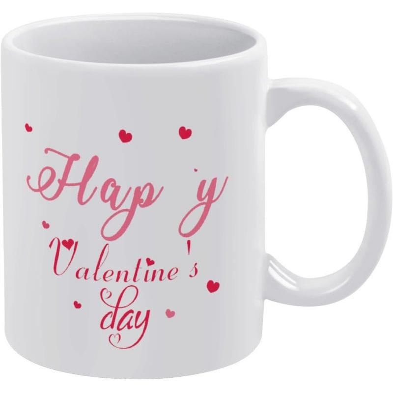 Tailorly White Ceramic 11 oz Mug - Happy Valentine Day Elegant Script Lettering Surrounded By Small Scattered Floating Crimson Heart