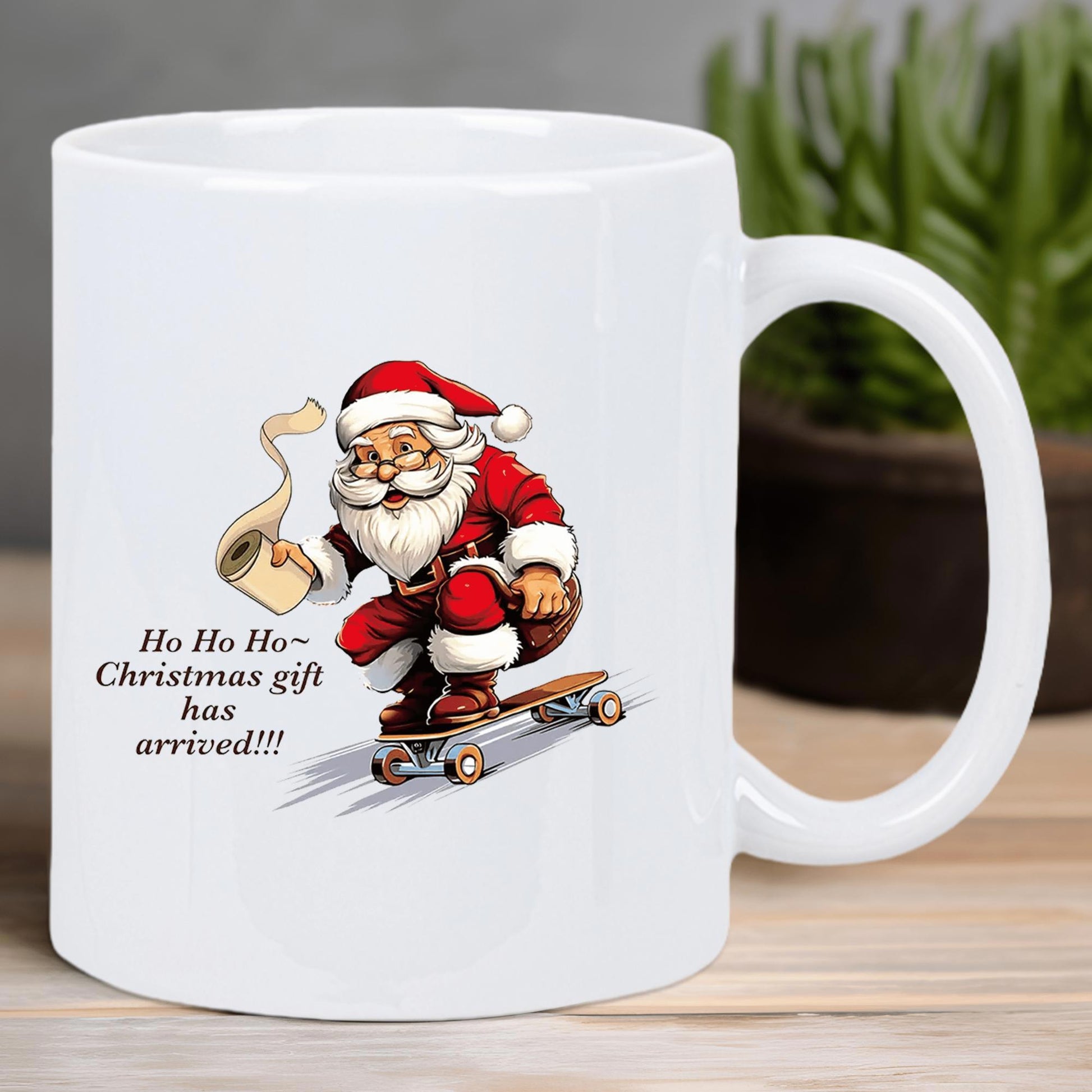 Tailorly White Ceramic 11 oz Mug - Ho Ho Ho Christmas Gift Has Arrived Jolly Character In Red Suit Riding On Skateboard Featuring Festive Toilet Paper Santa