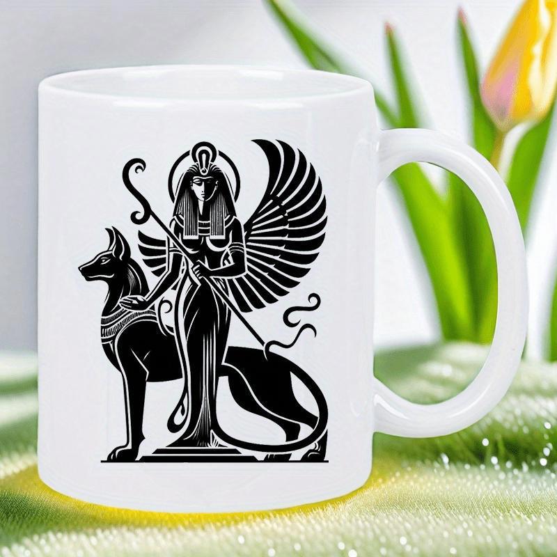 Tailorly White Ceramic 11 oz Mug - Ancient Mythological Winged Figure Holding Staff Standing Beside Majestic Guardian Spirit Goddess