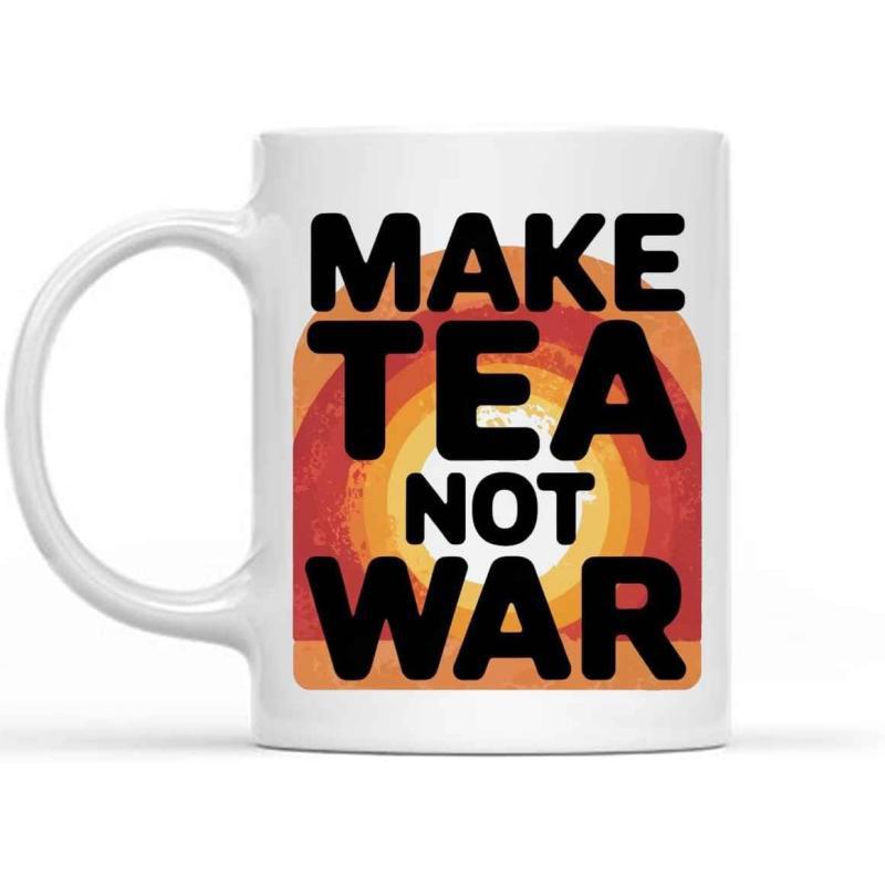 Tailorly White Ceramic 11 oz Mug - Make Tea Not War Retro Style Concentric Circles Glowing With Radiant Warm Tones Sunset