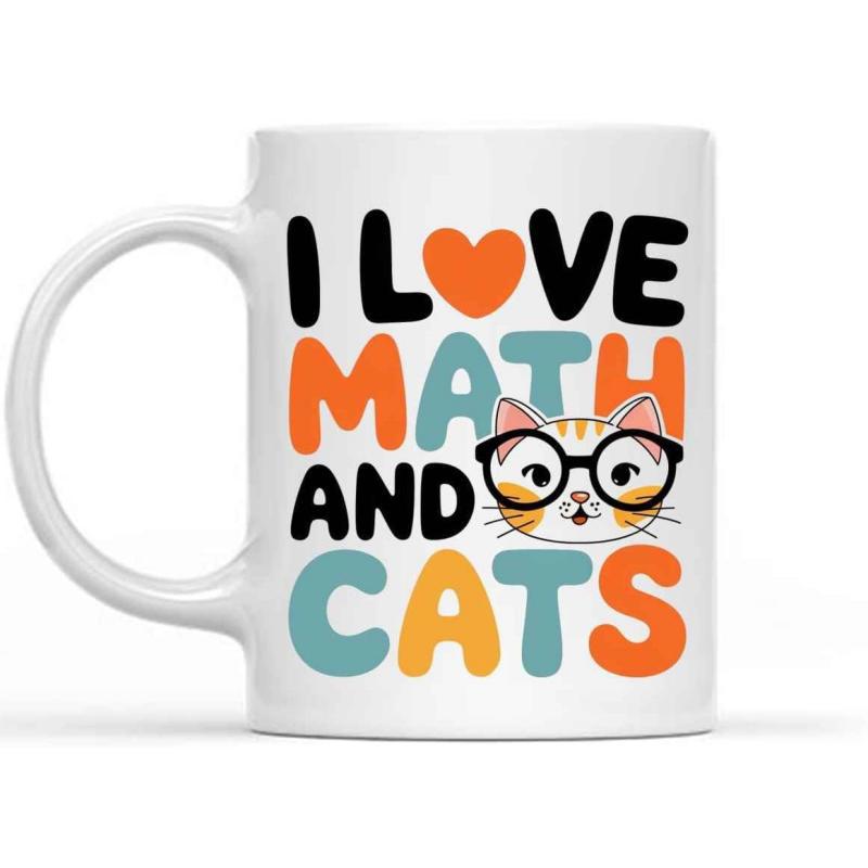 Tailorly White Ceramic 11 oz Mug - I Love Math And Cats Cute Ginger Kitten Wearing Glasses Surrounded By Playful Colorful Typography Graphic Cat