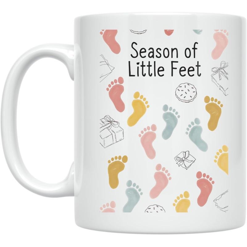Tailorly White Ceramic 11 oz Mug - Season Of Little Feet Colorful Tiny Footprints Scattered Among Minimalist Gift Boxes And Sweet Cookies Footprint