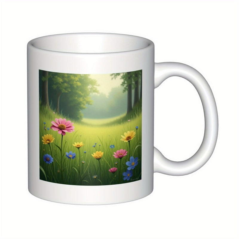 Tailorly White Ceramic 11 oz Mug - Vibrant Colorful Wildflowers Blooming In A Sunny Green Meadow Within Forest Flower