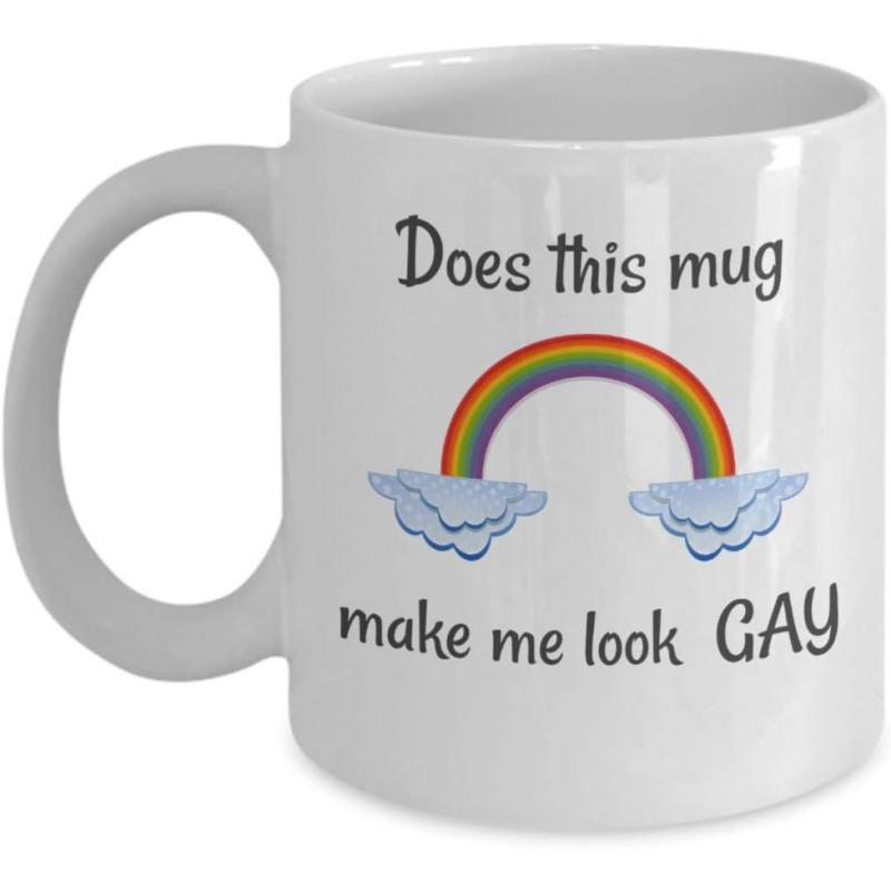 Tailorly White Ceramic 11 oz Mug - Does This Mug Make Me Look GAY Colorful Vibrant Rainbow Arch Connecting Two Soft Fluffy Blue Clouds Rainbow