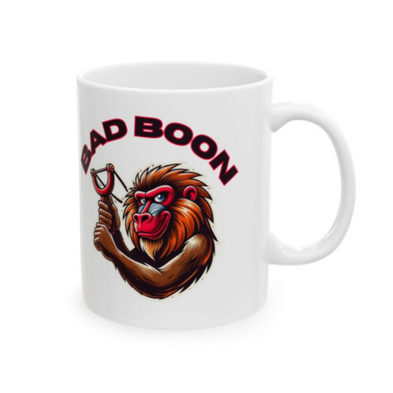 Tailorly White Ceramic 11 oz Mug - Bad Boon Fierce Primate Holding A Wooden Slingshot In A Mischievous Wild Stance Mandrill