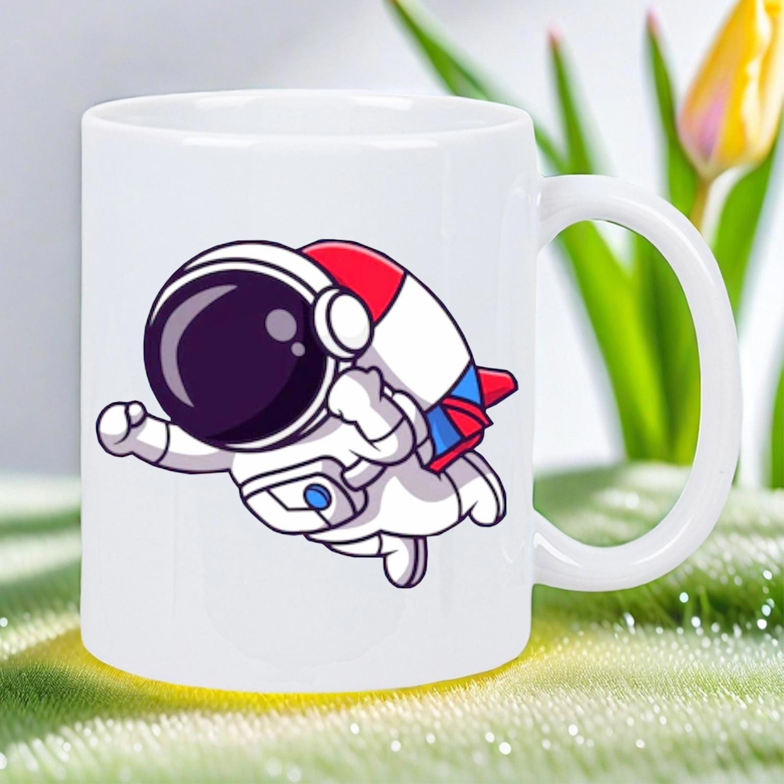 Tailorly White Ceramic 11 oz Mug - Cartoon Astronaut Floating In Deep Space With A Colorful Rocket Jetpack Astronaut