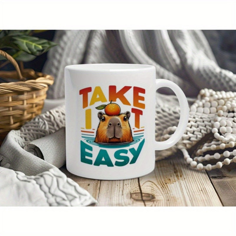 Tailorly White Ceramic 11 oz Mug - Take It Easy Relaxing Cute Capybara With Orange Balancing On Head Floating In Water Capybara