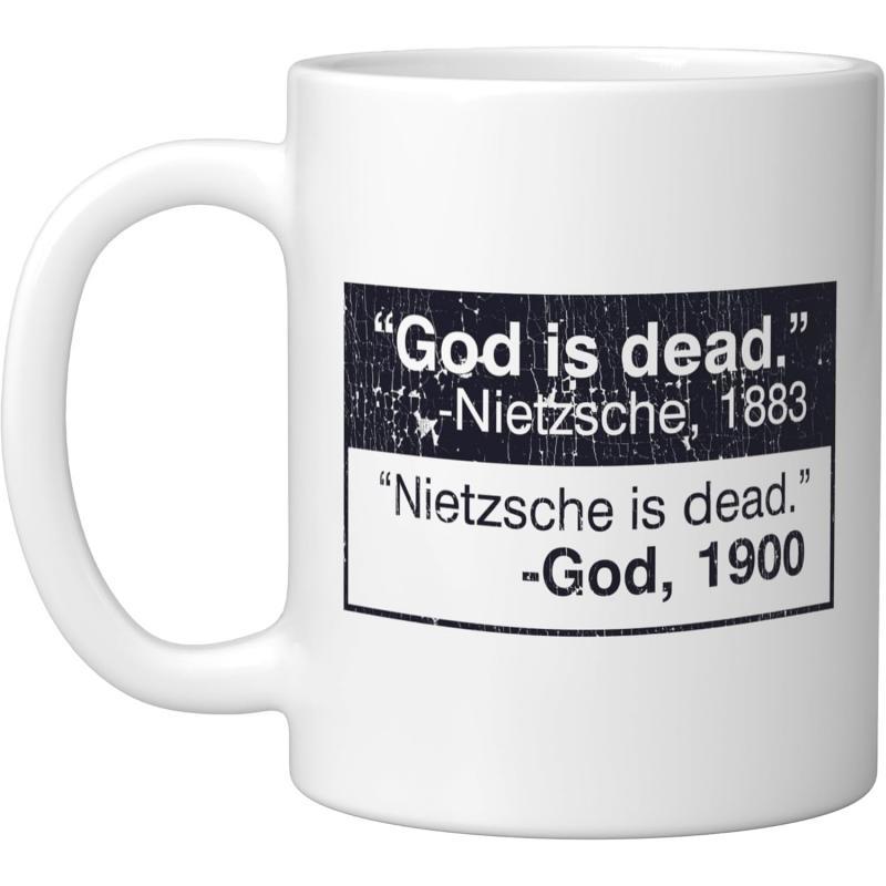 Tailorly White Ceramic 11 oz Mug - God Is Dead Nietzsche 1883 Nietzsche Is Dead God 1900 Minimalist Rectangular Frame With Distressed Texture Split Into Black And