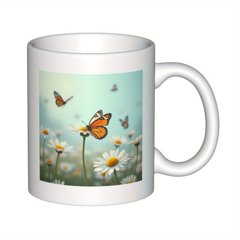 Tailorly White Ceramic 11 oz Mug - Vibrant Monarchs Dancing Among Blooming White Daisy Flowers In Sunny Garden Butterfly