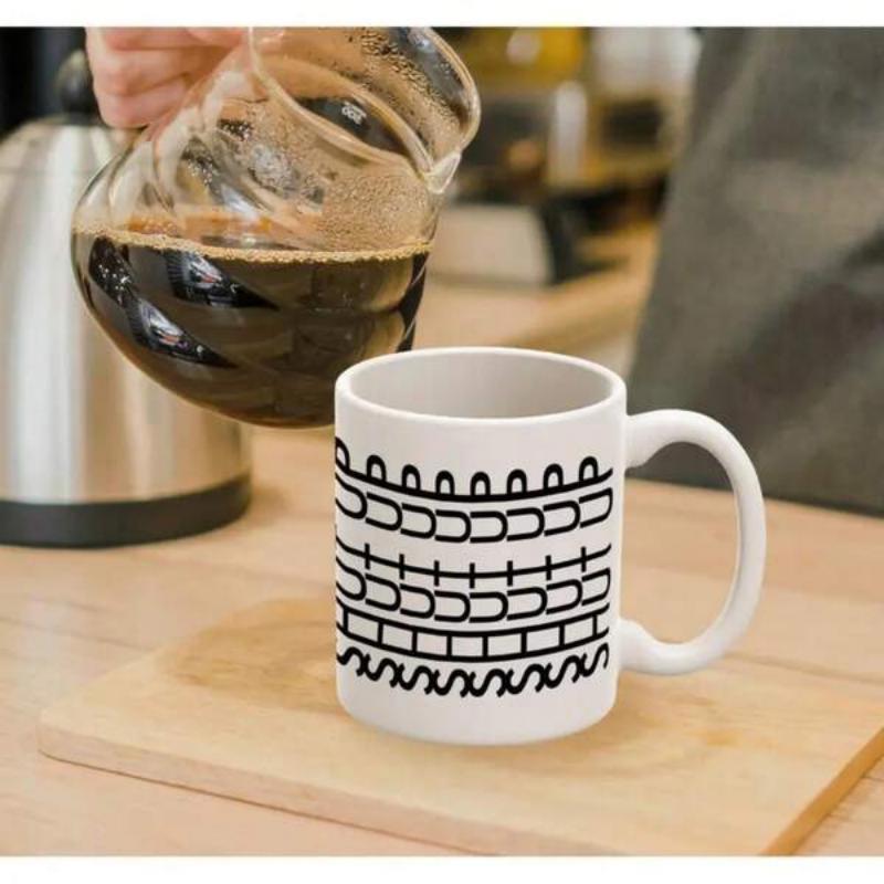 Tailorly White Ceramic 11 oz Mug - Horizontal Rows Of Minimalist Black Hand Drawn Geometric Tribal Symbols Pattern
