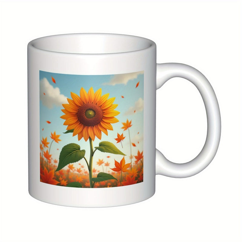 Tailorly White Ceramic 11 oz Mug - Vibrant Petals Glowing Under Clear Sky With Falling Autumn Maple Leaves Sunflower