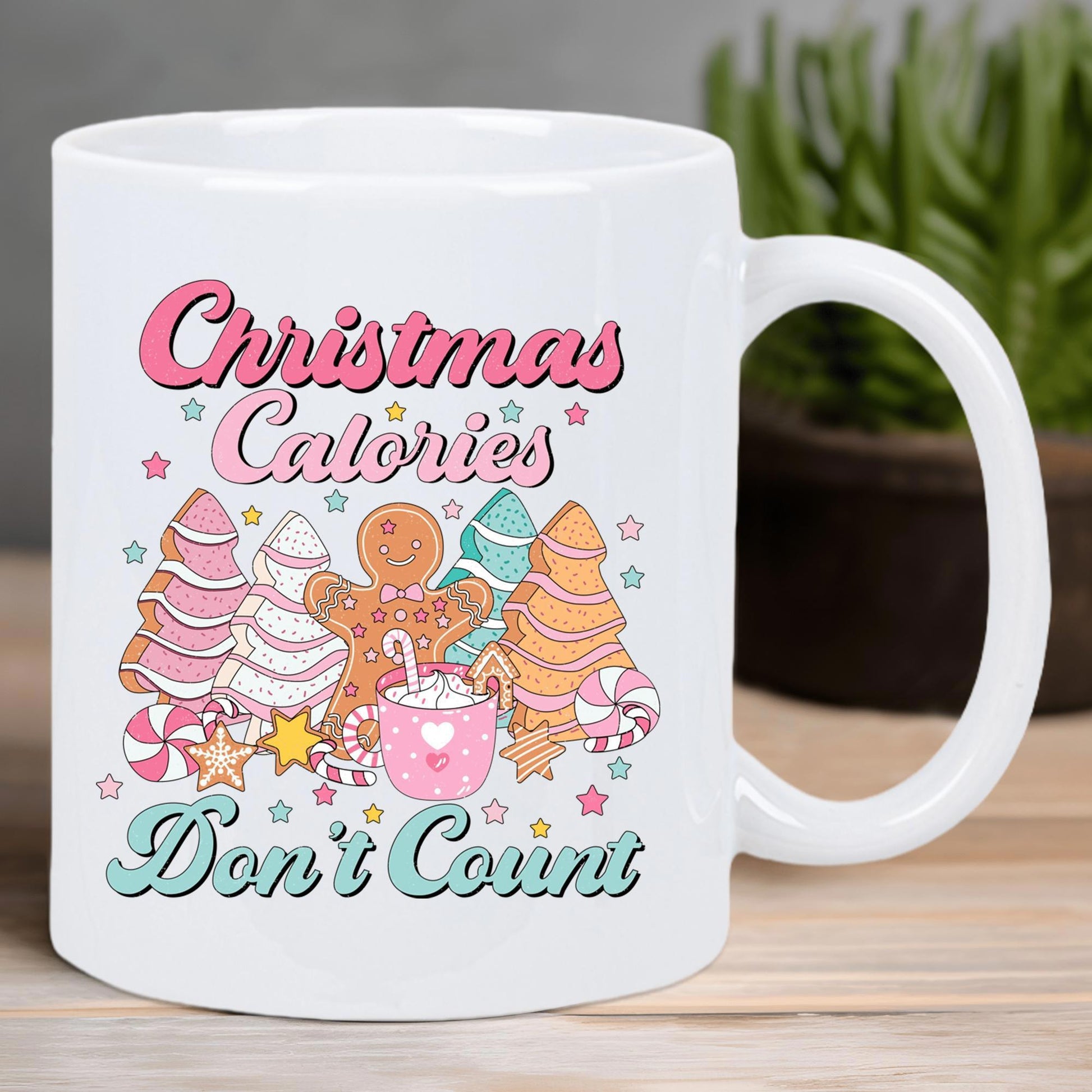 Tailorly White Ceramic 11 oz Mug - Christmas Calories Don't Count Festive Gingerbread Man Surrounded By Decorated Trees And Hot Cocoa Sweets Mug