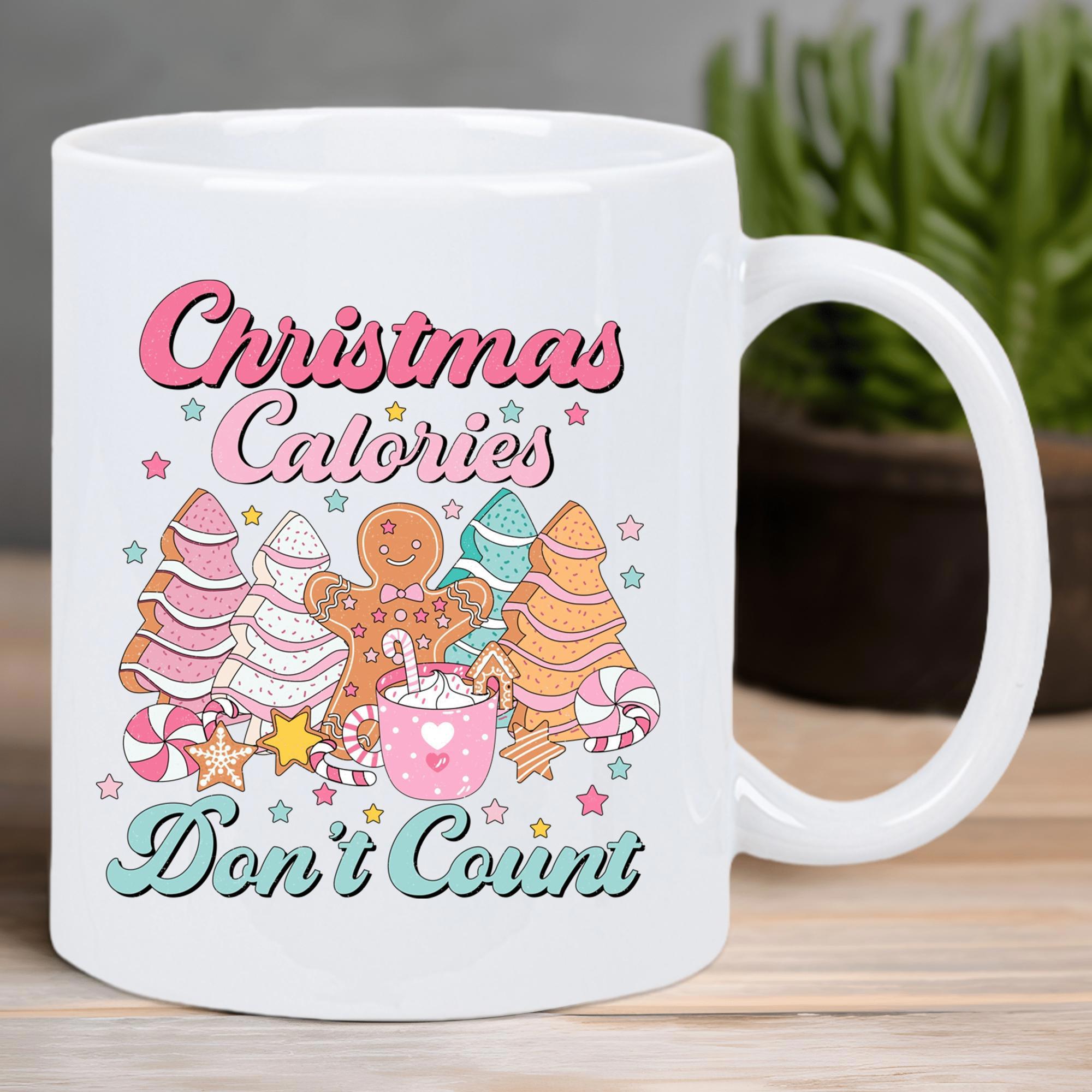 Tailorly White Ceramic 11 oz Mug - Christmas Calories Don't Count Festive Gingerbread Man Surrounded By Decorated Trees And Hot Cocoa Sweets Mug