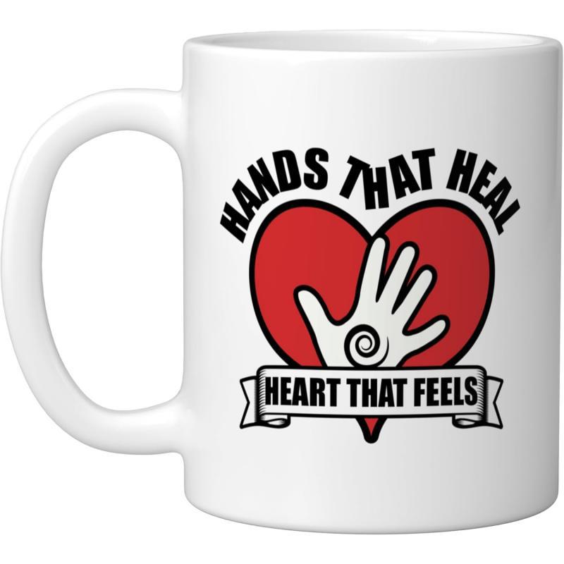Tailorly White Ceramic 11 oz Mug - Hands That Heal Heart That Feels Vibrant Red Design With White Silhouette Hand And Central Spiral Heart