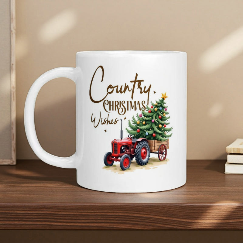 Tailorly White Ceramic 11 oz Mug - Country Christmas Wishes Vintage Red Tractor Carrying A Festive Decorated Evergreen Tree Trailer Tractor