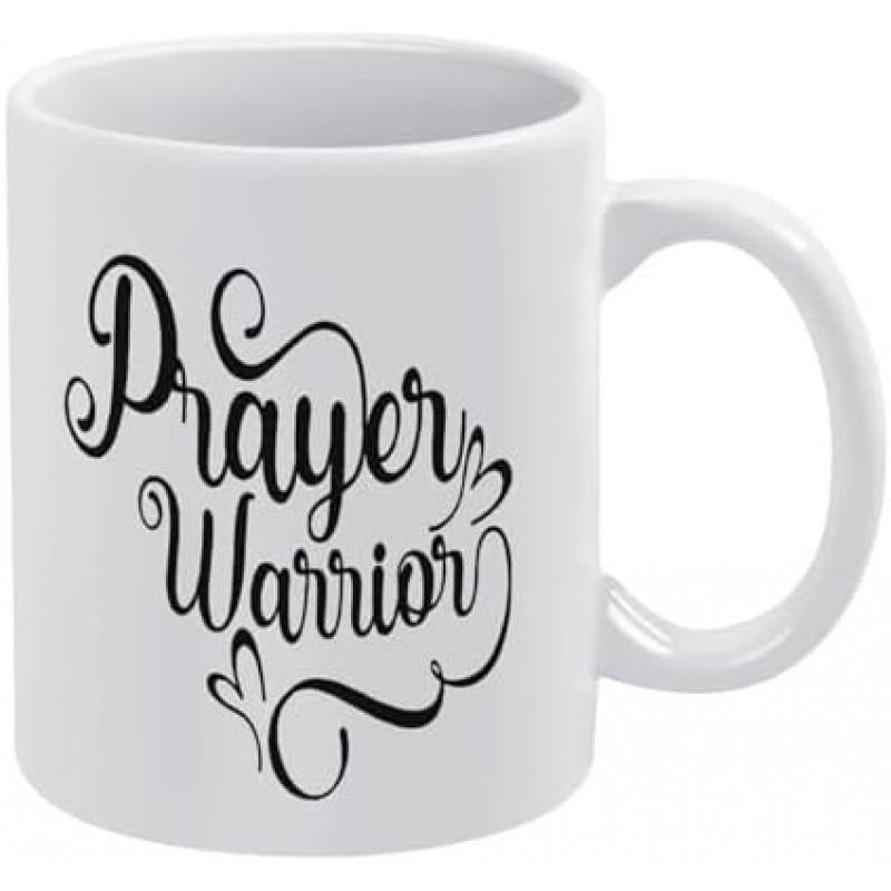Tailorly White Ceramic 11 oz Mug - Prayer Warrior Elegant Black Script Calligraphy With Delicate Heart Flourishes On A Ceramic Mug