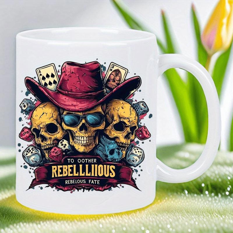 Tailorly White Ceramic 11 oz Mug - Rebellious Fate Vintage Skulls Wearing Cowboy Hat With Playing Cards And Dice Skull