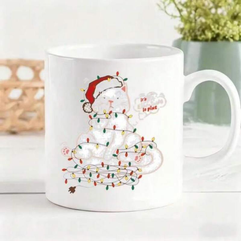 Tailorly White Ceramic 11 oz Mug - Meow Is A Gift Adorable White Cat Tangled In Colorful Festive Christmas Lights Wearing Santa Hat Cat