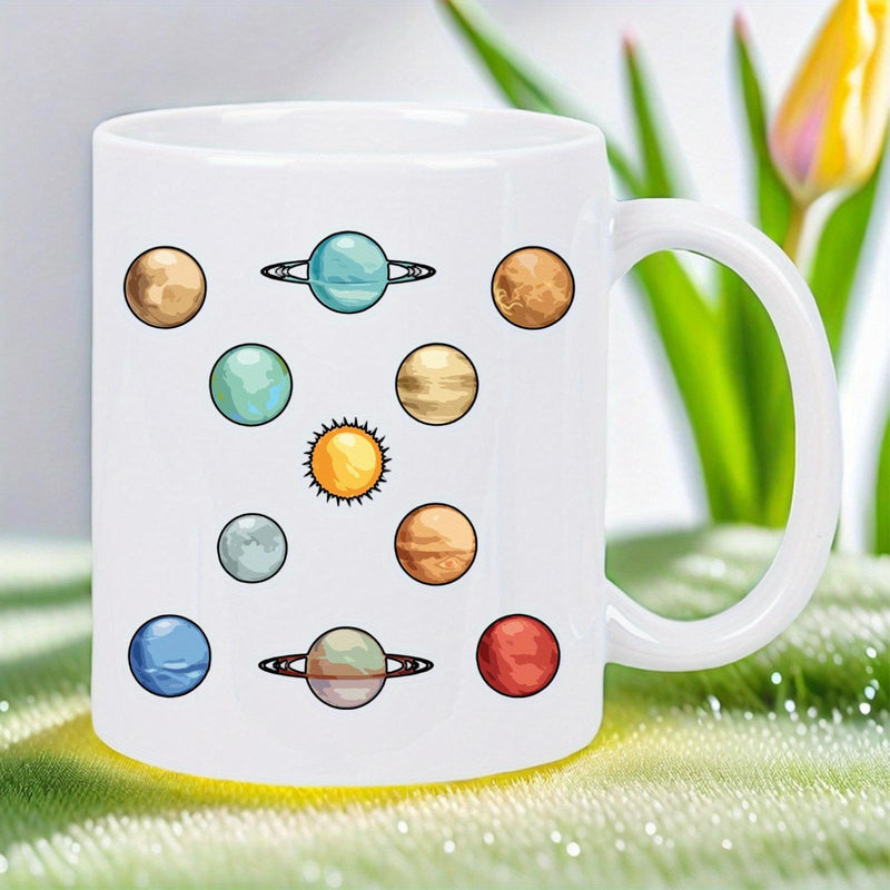Tailorly White Ceramic 11 oz Mug - Colorful Hand Drawn Solar System Planets Floating In Celestial Space Mug