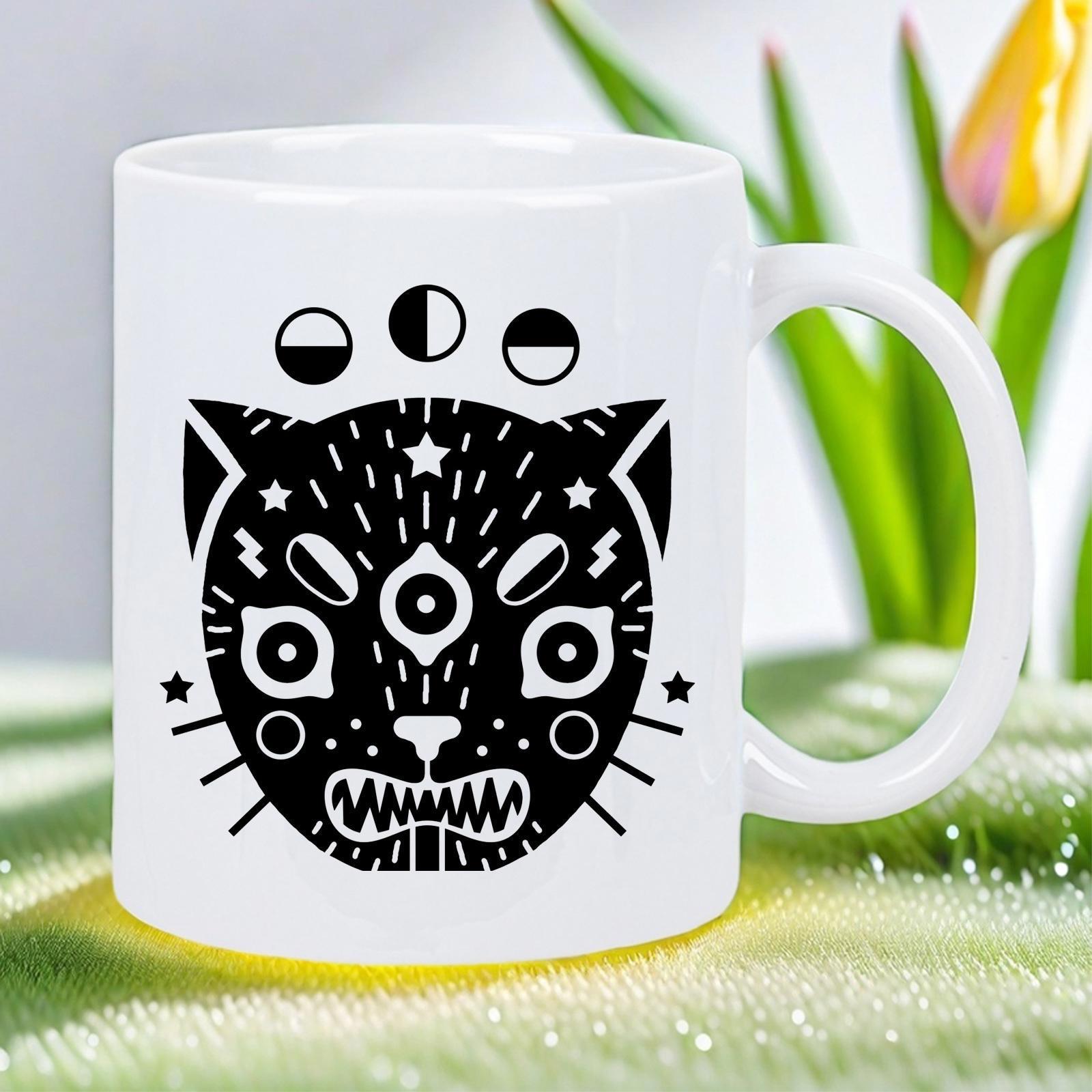 Tailorly White Ceramic 11 oz Mug - Mystical Celestial Black Panther With Multiple Eyes Among Stars And Moons Cat
