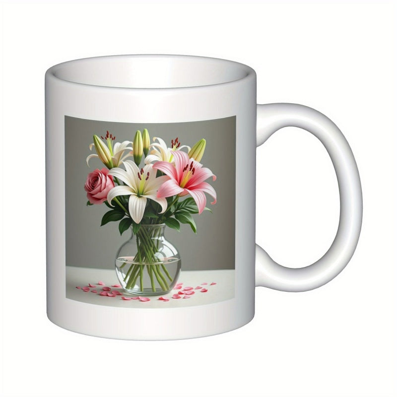 Tailorly White Ceramic 11 oz Mug - Elegant White And Pink Lilies Inside A Clear Glass Water Vase Lily