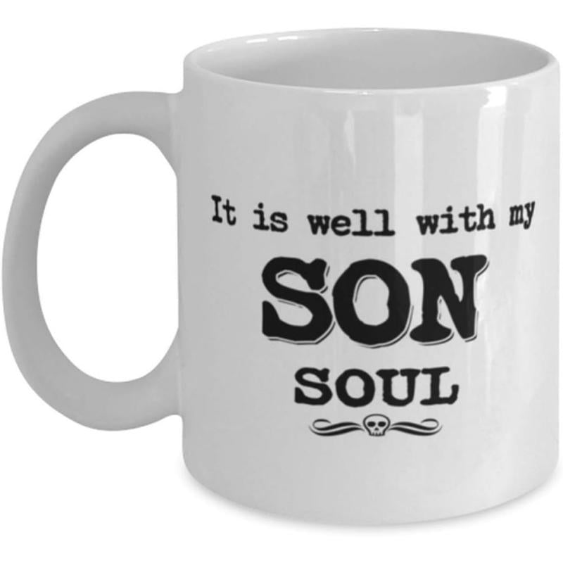Tailorly White Ceramic 11 oz Mug - It Is Well With My Son Soul Minimalist Ceramic Surface With Bold Black Lettering And Ornate Skull Graphic Mug