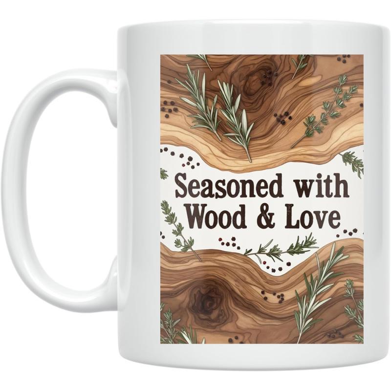 Tailorly White Ceramic 11 oz Mug - Seasoned With Wood Love Rosemary Herbs With Scattered Peppercorns Across Rustic Textured Brown Grain