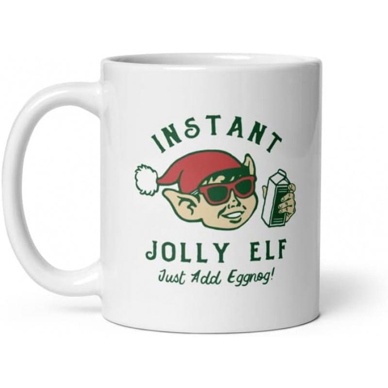 Tailorly White Ceramic 11 oz Mug - Instant Jolly Elf Just Add Eggnog Festive Retro Cartoon Character Wearing Sunglasses And Santa Hat Elf