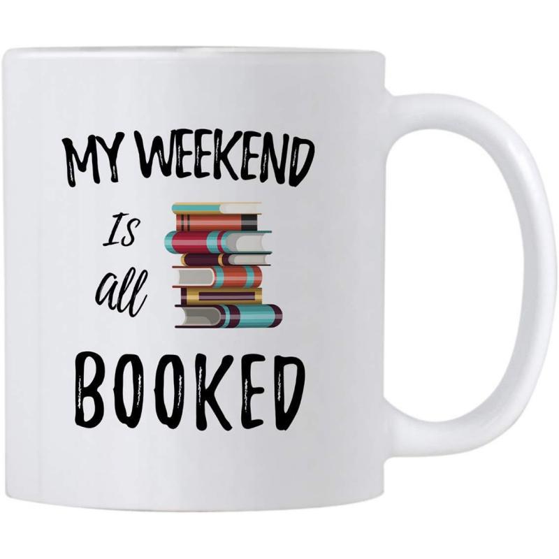 Tailorly White Ceramic 11 oz Mug - My Weekend Is All Booked Neat Stack Of Colorful Literary Hardcover Novels Arranged Vertically Books