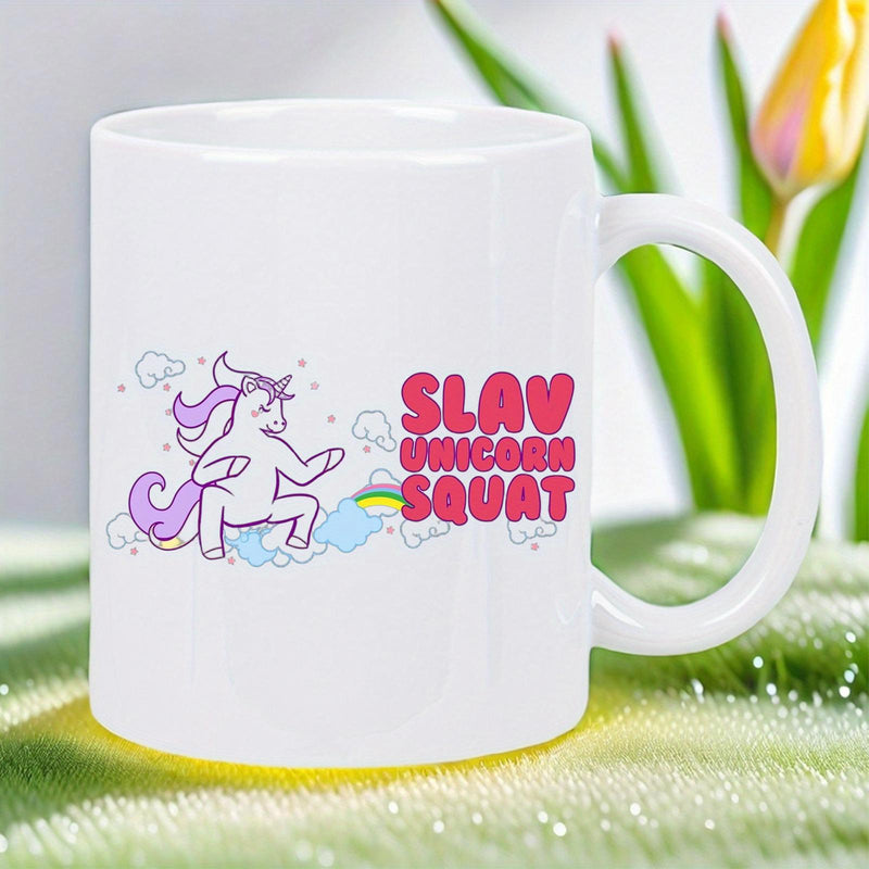 Tailorly White Ceramic 11 oz Mug - Slav Unicorn Squat Playful Cartoon Unicorn Performing Squatting Pose With Purple Flowing Mane Unicorn