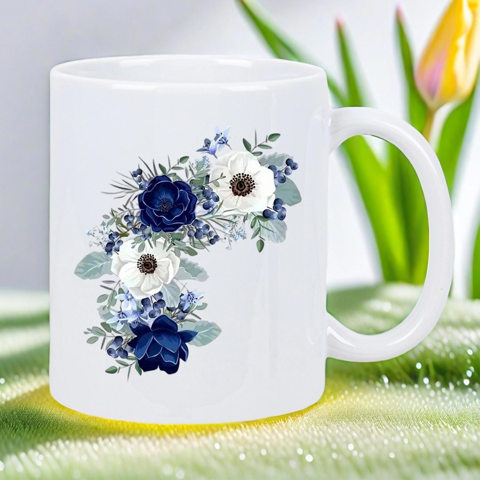 Tailorly White Ceramic 11 oz Mug - Elegant Navy And White Floral Bouquet With Delicate Green Leaves Flower