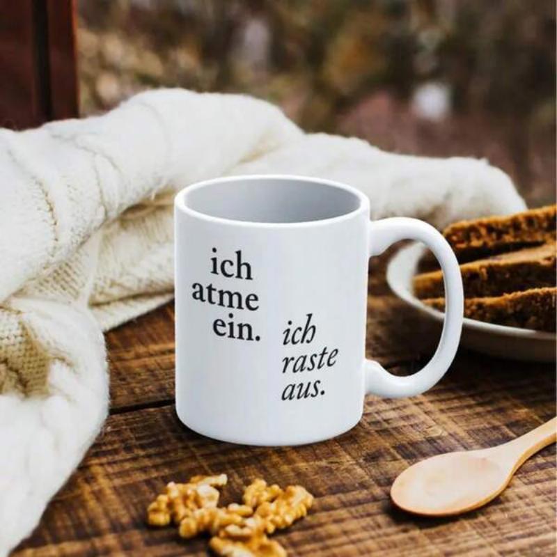 Tailorly White Ceramic 11 oz Mug - Minimalist White Ceramic Coffee Vessel Resting On Rustic Wooden Tabletop Mug