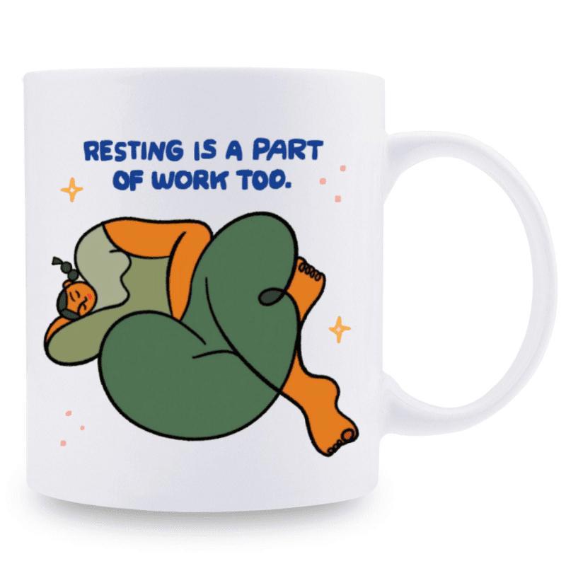 Tailorly White Ceramic 11 oz Mug - Resting Is A Part Of Work Too Abstract Stylized Figure Resting Curled Up With Small Stars Minimalist Line Art Person
