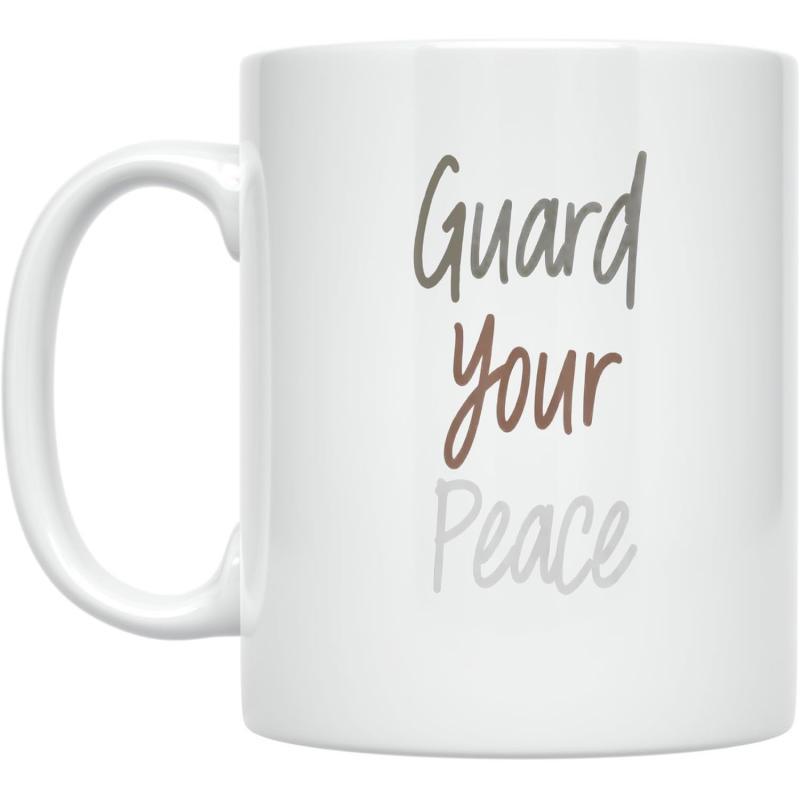 Tailorly White Ceramic 11 oz Mug - Guard Your Peace Minimalist Elegant Hand Written Script Typography Style Inspirational Quote Design