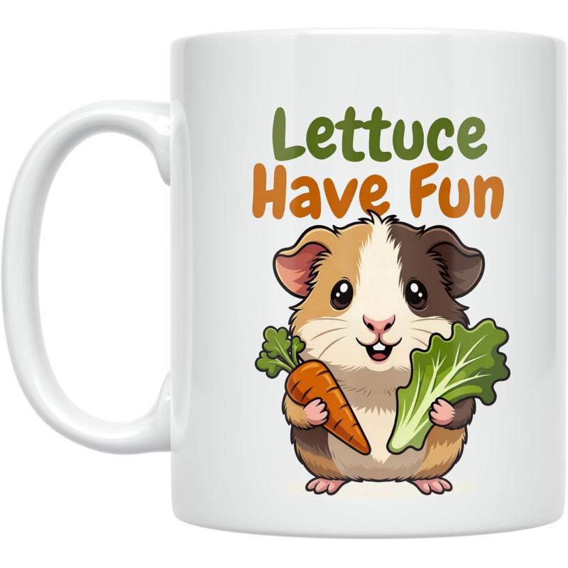 Tailorly White Ceramic 11 oz Mug - Lettuce Have Fun Adorable Cartoon Holding Fresh Carrot And Green Lettuce Leaf Guinea Pig