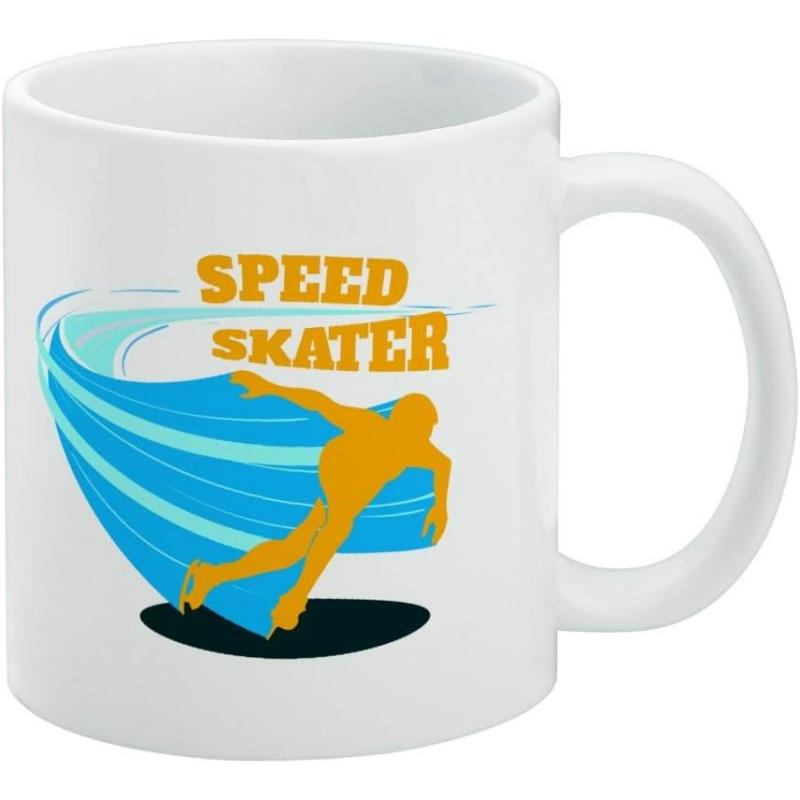 Tailorly White Ceramic 11 oz Mug - Speed Skater Dynamic Motion Silhouette With Flowing Blue Ice Trails Fast Skater