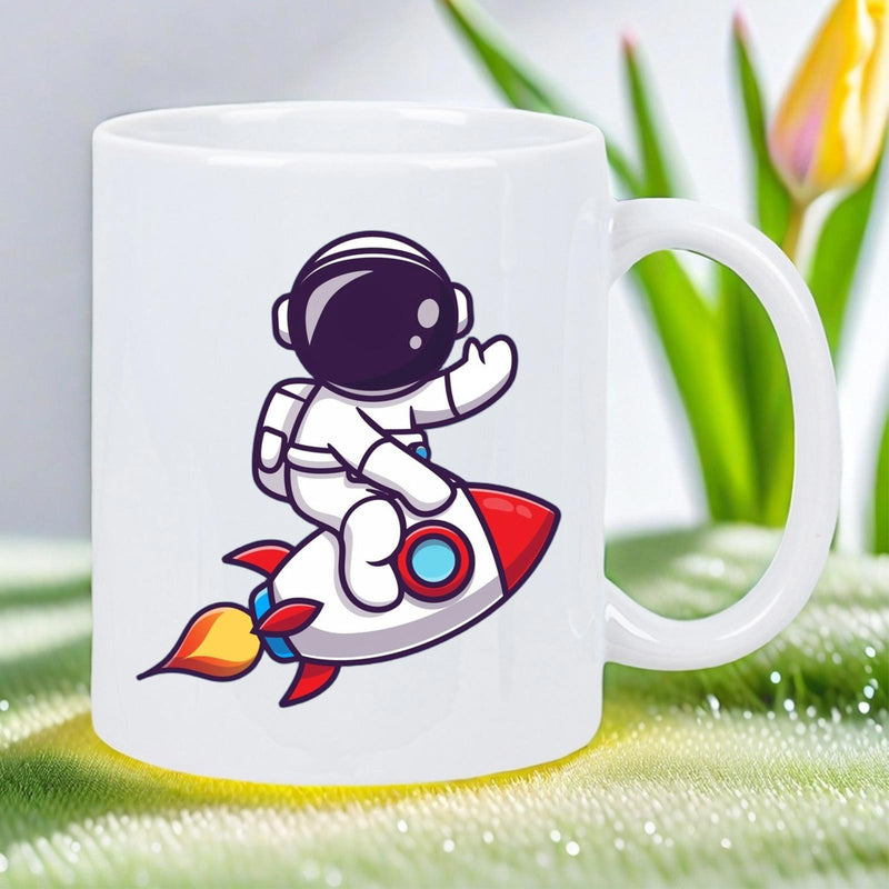 Tailorly White Ceramic 11 oz Mug - Cute Cartoon Explorer Riding On A High Speed Flying Space Rocket Astronaut