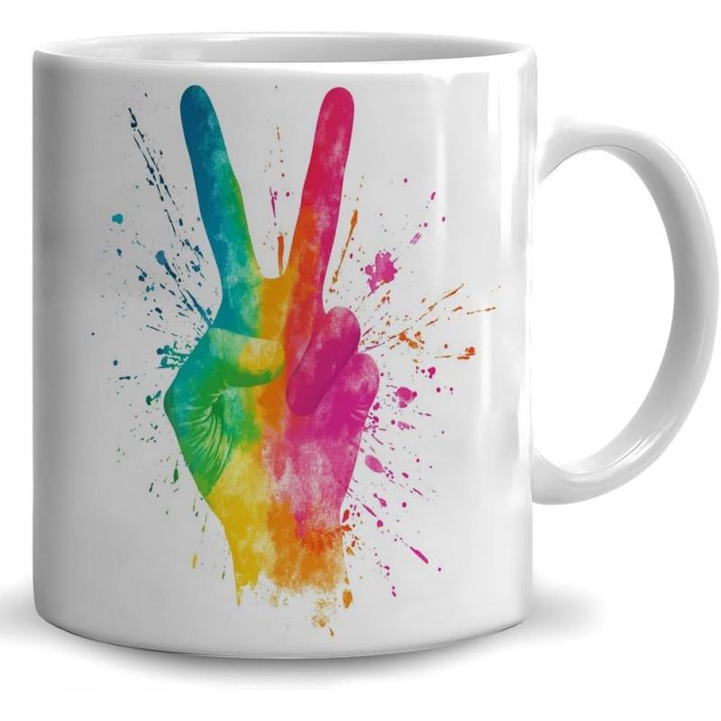 Tailorly White Ceramic 11 oz Mug - Vibrant Watercolor Splatters Forming A Symbolic Rainbow Peace Sign Hand