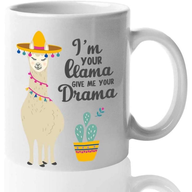 Tailorly White Ceramic 11 oz Mug - Im Your Llama Give Me Your Drama Cartoon Llama Wearing Colorful Sombrero Standing Near Potted Green Cactus Plant Llama
