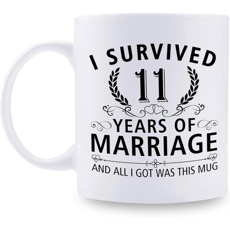 Tailorly White Ceramic 11 oz Mug - I Survived 11 Years Of Marriage And All I Got Was This Mug Classic Laurels Flanking Bold Number Eleven With Decorative