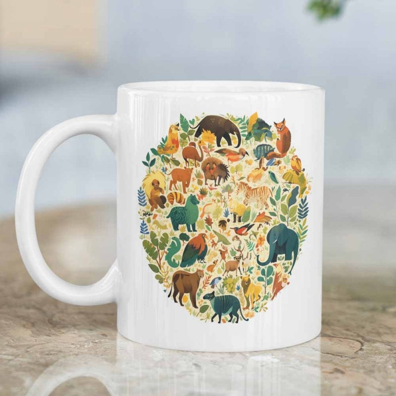 Tailorly White Ceramic 11 oz Mug - Diverse Collection Of Wild Animals Gathered Together In A Circular Forest Wildlife