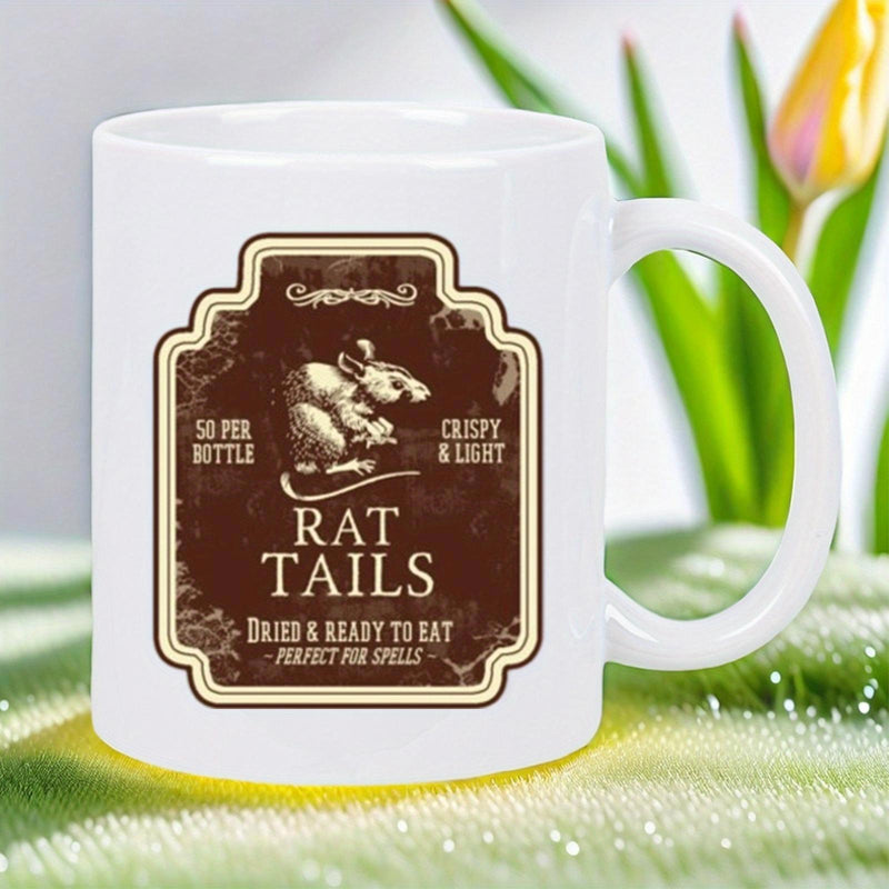Tailorly White Ceramic 11 oz Mug - Rat Tails Dried Ready To Eat Vintage Brown Apothecary Label Featuring A Detailed Small Rodent Illustration Label