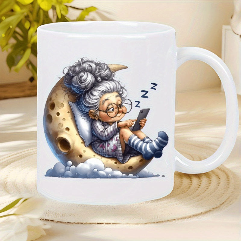 Tailorly White Ceramic 11 oz Mug - Zzz Adorable Elderly Woman Resting On A Crescent Moon Holding Her Smartphone Grandmother