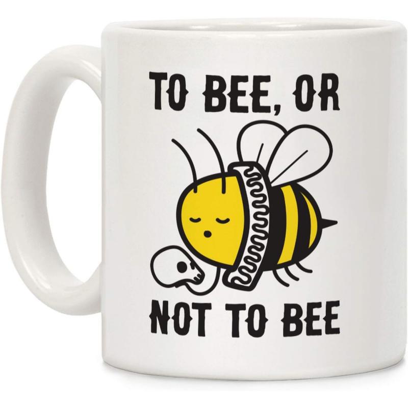 Tailorly White Ceramic 11 oz Mug - To Bee Or Not To Bee Cartoon Dressed In Renaissance Ruff Collar Holding A Tiny White Skull Bee
