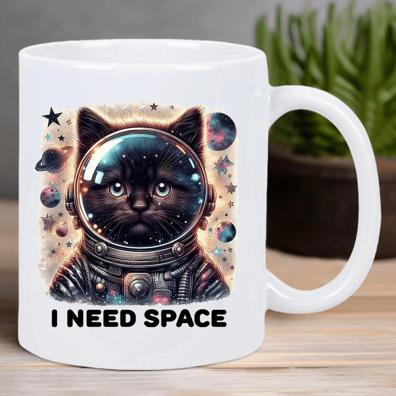 Tailorly White Ceramic 11 oz Mug - I Need Space Cute Black Kitten Wearing Astronaut Suit Among Glowing Distant Planets Stars Cat