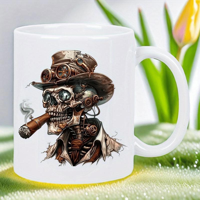 Tailorly White Ceramic 11 oz Mug - Mechanical Steampunk Skeleton Wearing Vintage Top Hat And Goggles Smoking Cigar Skull