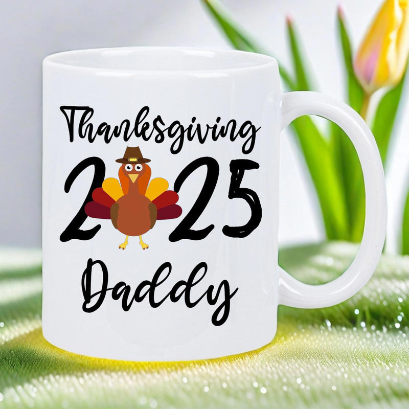 Tailorly White Ceramic 11 oz Mug - Thanksgiving 2025 Daddy Colorful Festive Bird Wearing Tiny Pilgrim Hat Standing On White Ceramic Turkey